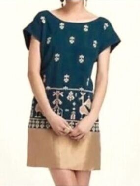 Anthropologie Floreat Avian Myth Shift Dress Embroidered Teal & Gold